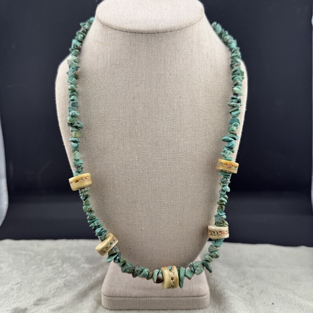 Vintage‎ Estate Necklace Blue Green Stone Chip Beaded Boho 24” READ